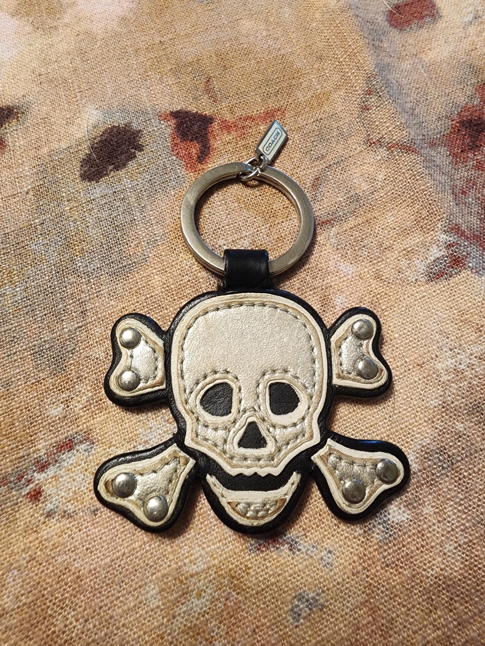 Coach Leather Skull and Crossbones Keychain Fob, Black & Cream